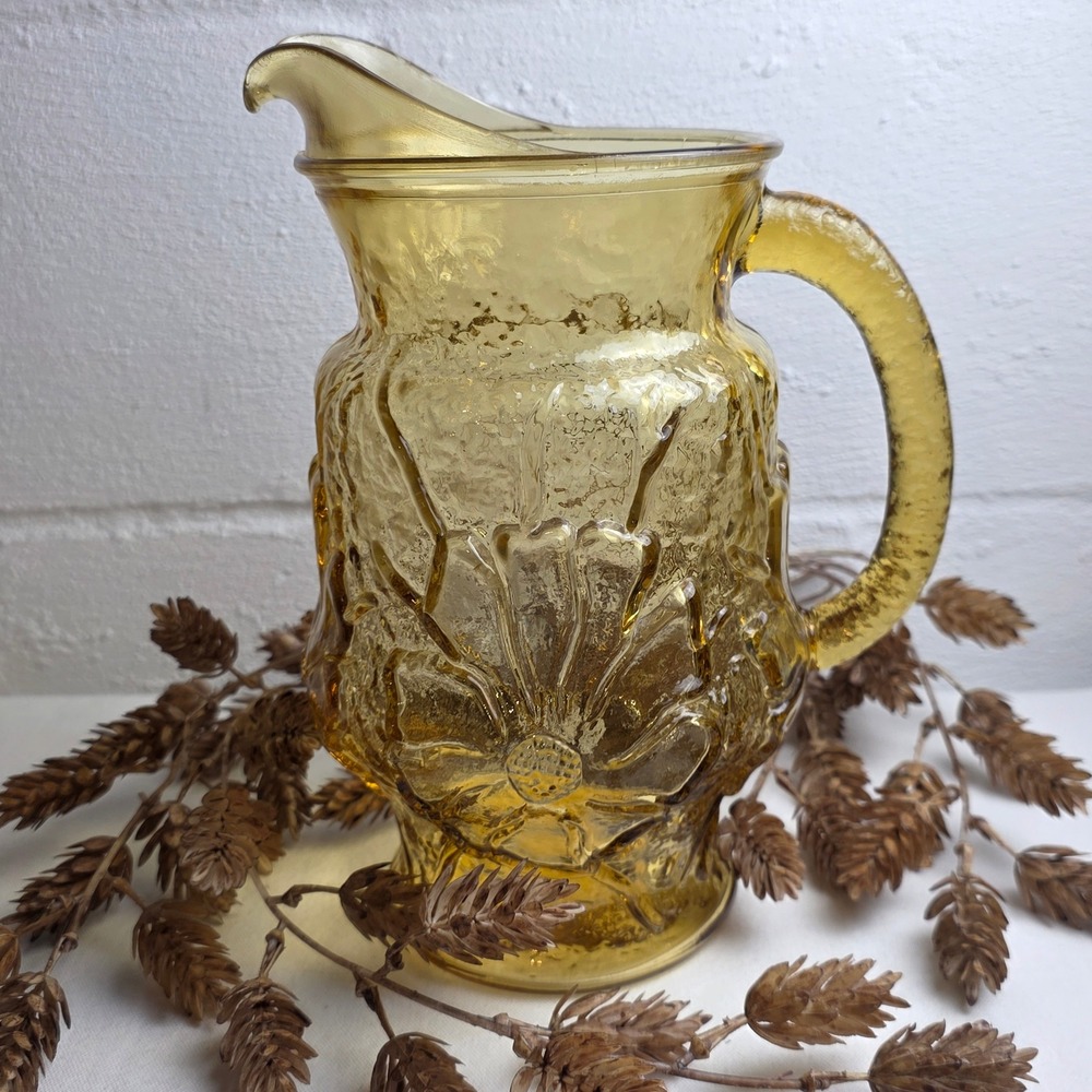 60s Anchor Hocking Rainflower Amber Glass Pitcher Textured Embossed Floral